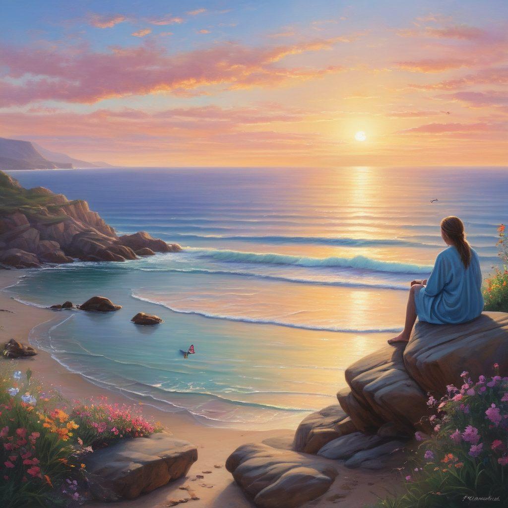 A serene landscape depicting a patient sitting on a rock, gazing at a tranquil sunset over a vast ocean, symbols of hope scattered around like blooming flowers and fluttering butterflies, with a subtle shadow of a medical symbol in the background. Soft pastel colors blend in the sky, creating a calming atmosphere. super-realistic. vibrant colors. peaceful setting.